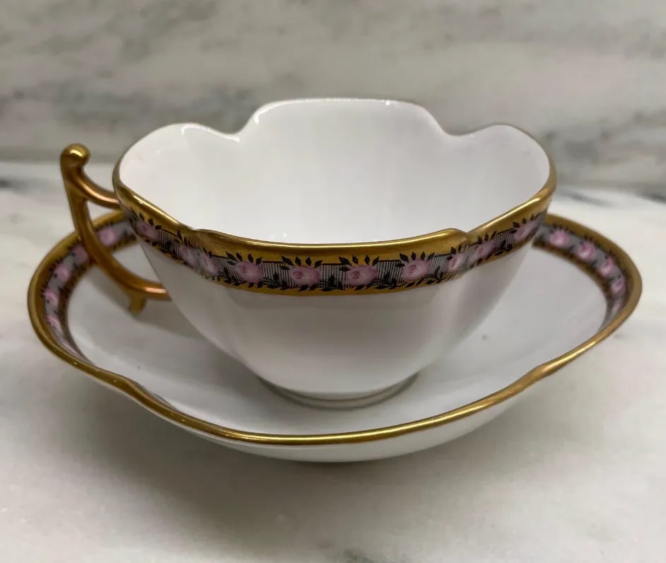 Antique Bavarian Demitasse Tea Cup & Saucer with Pink Rose with Black & Gilt Gold Trim - 3