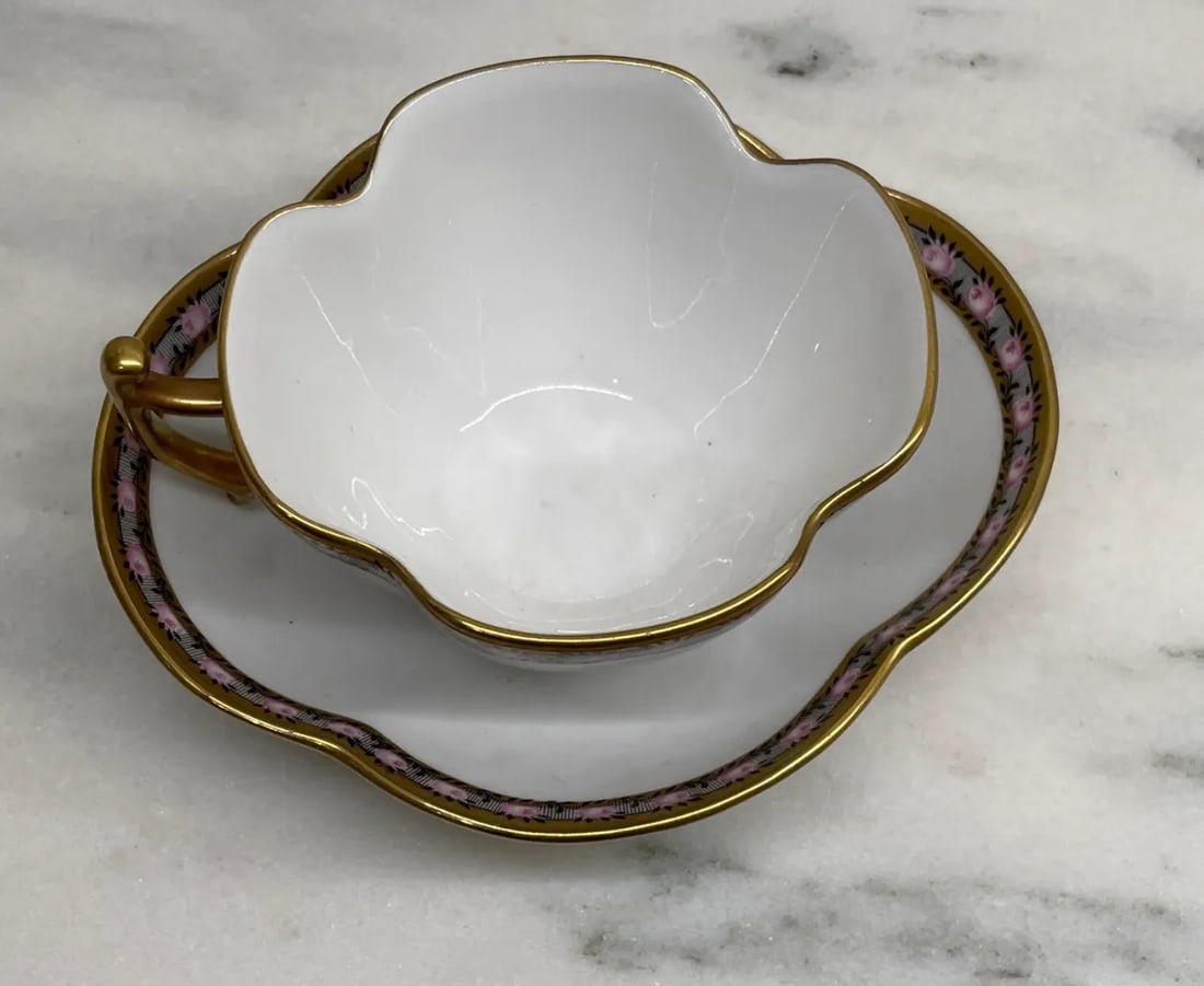 Antique Bavarian Demitasse Tea Cup & Saucer with Pink Rose with Black & Gilt Gold Trim - 4