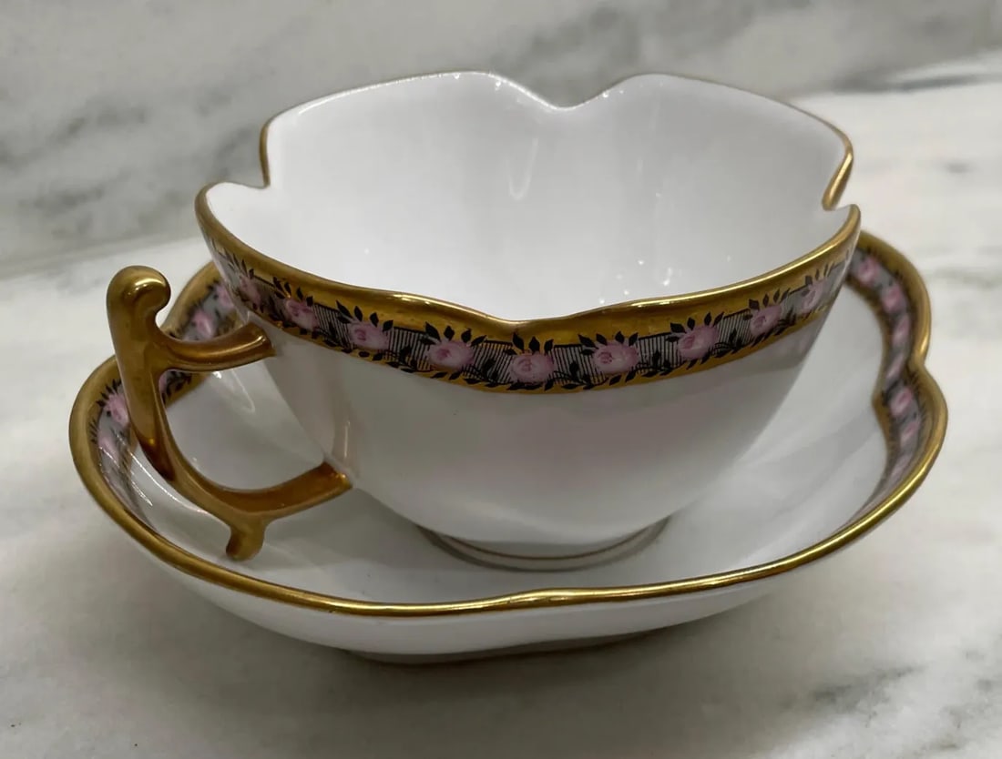 Antique Bavarian Demitasse Tea Cup & Saucer with Pink Rose with Black & Gilt Gold Trim - 5