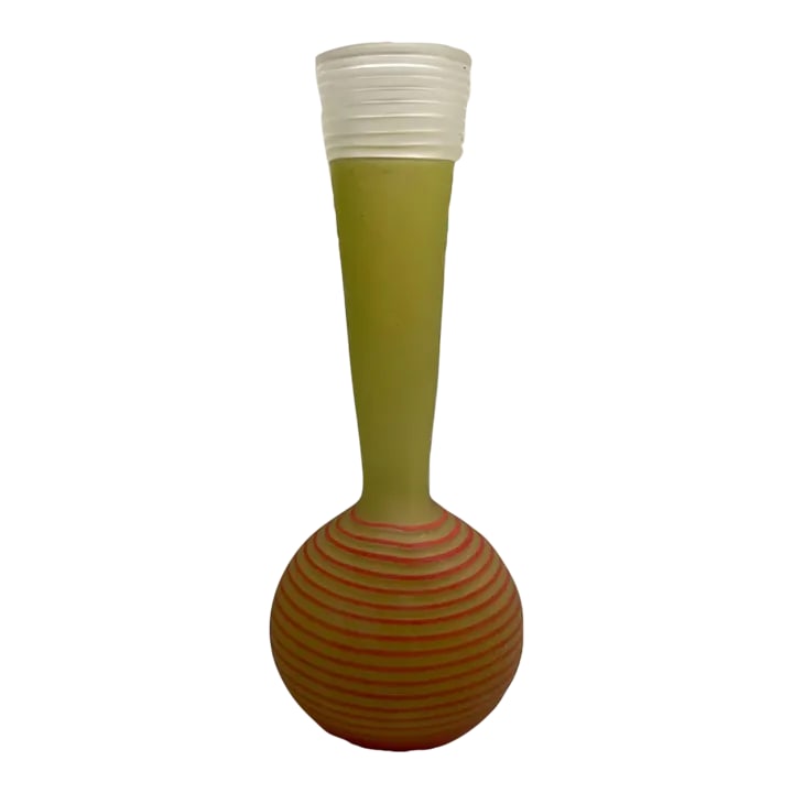 1990s Chartreuse Hand-Blown Glass Vase with Striped Base: Chartreuse Hand-Blown Glass Vase with Striped Base -no cracks or chips -great for flowers or to display on a shelf Condition: Alterations: Original Condition Unaltered Imperfections: Some