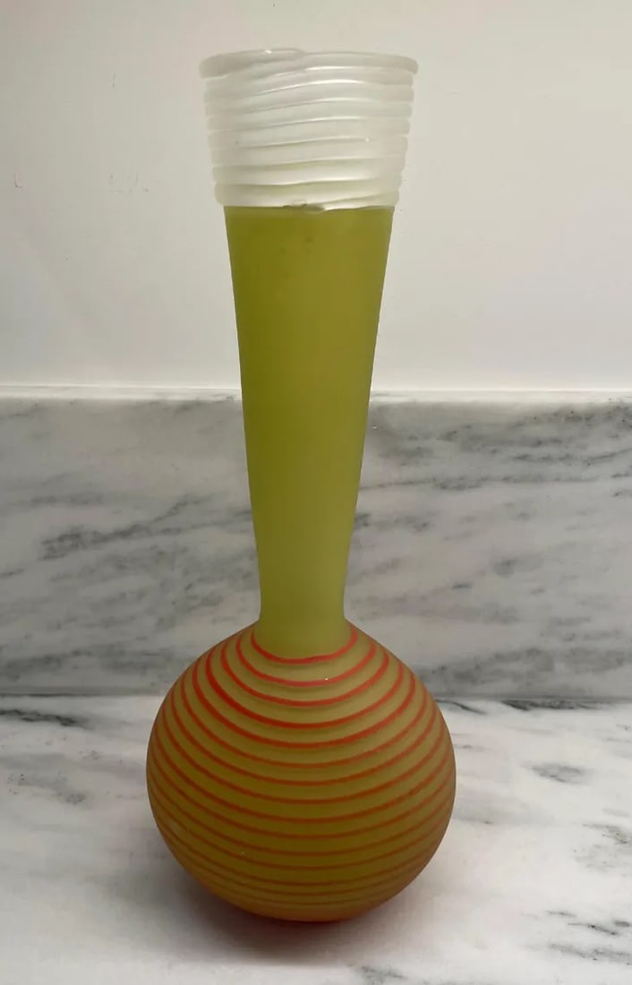 1990s Chartreuse Hand-Blown Glass Vase with Striped Base - 2