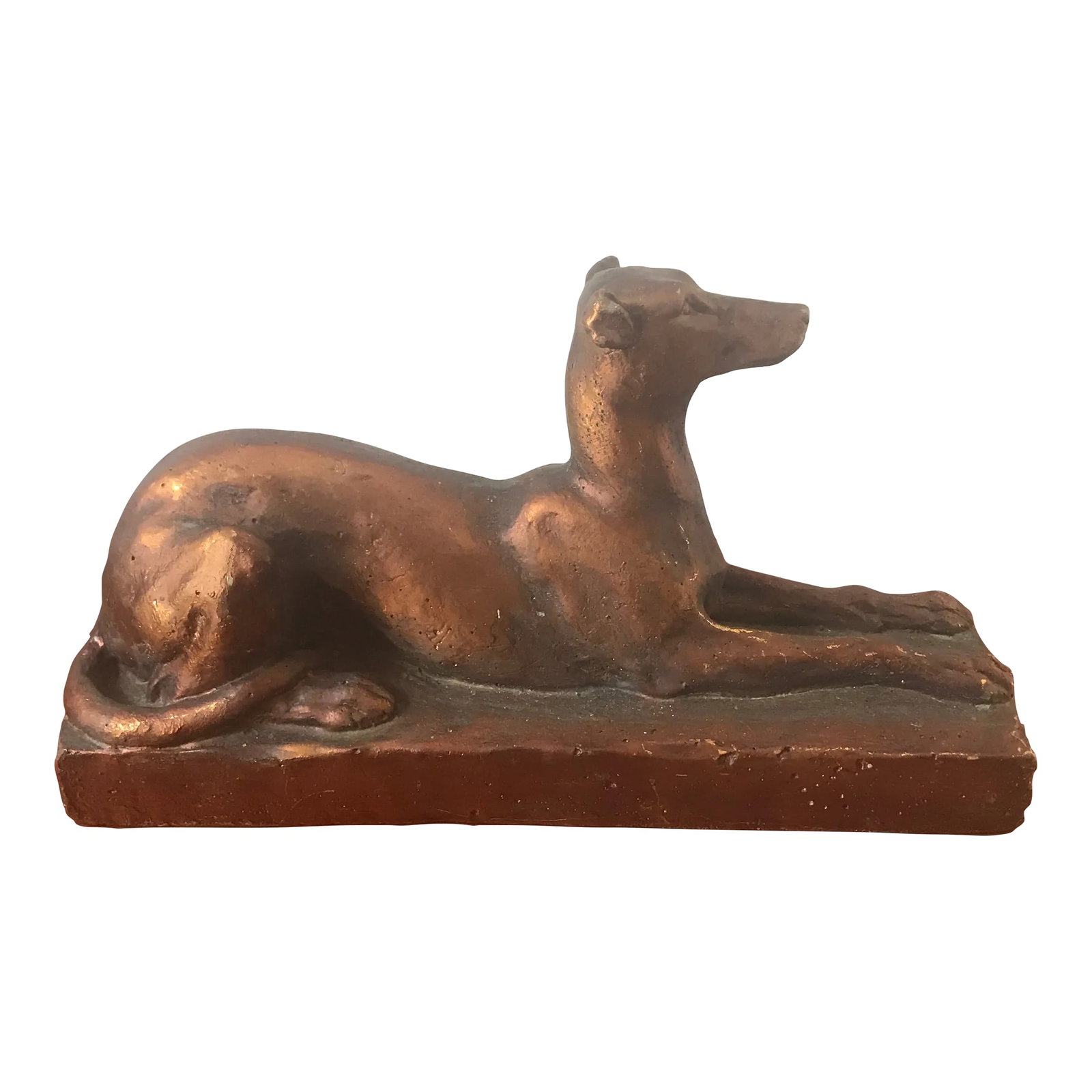 Bronze Colored Greyhound or Whippet Dog Statue: We wish we knew what this fun little pup was used for! He appears to be made of resin and has two threaded holes down one side and one on his bottom. No makers mark. Condition: Alterations: Original C