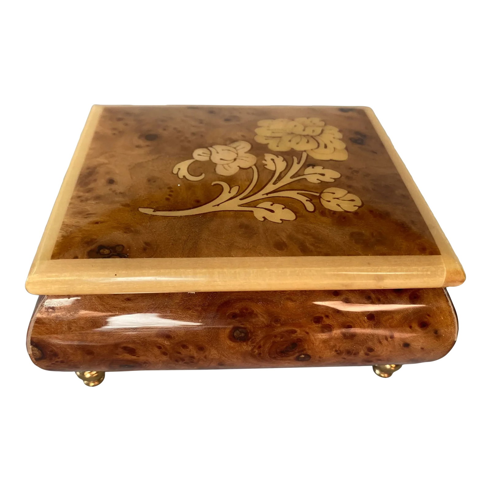 Late 20th Century "Romance" Italian Wooden Music Jewelry Box: A nicely crafted wooden music box with marquetry woodwork and a small jewelry compartment inside. I especially like how the music box gears are visible so you can see the mechanic in action while the 