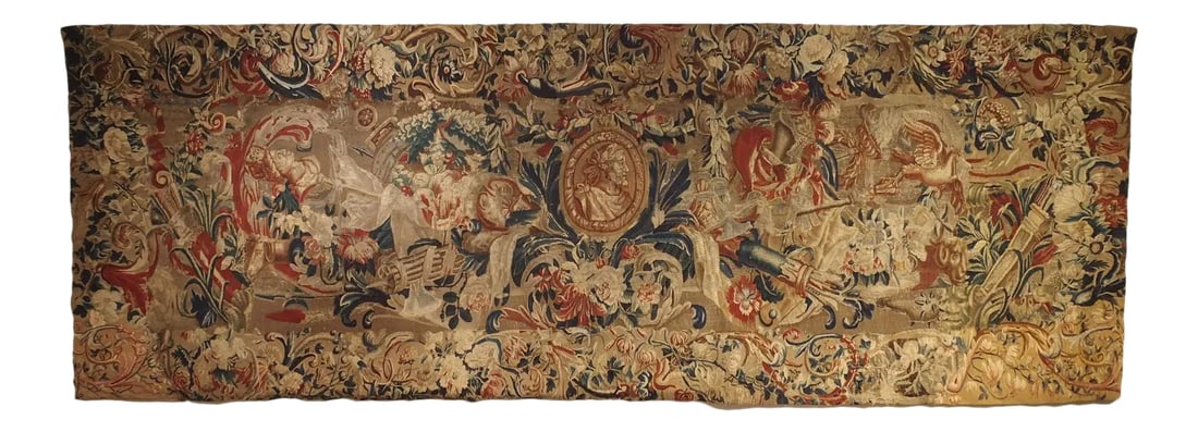 Antique French Beauvais Tapestry From the Late 17th Century: This is a large, horizontal fragment of a late 17th century Beauvais tapestry. Beauvais tapestry manufacture was one of the most well known tapestry workshops in France. Beauvais was a private