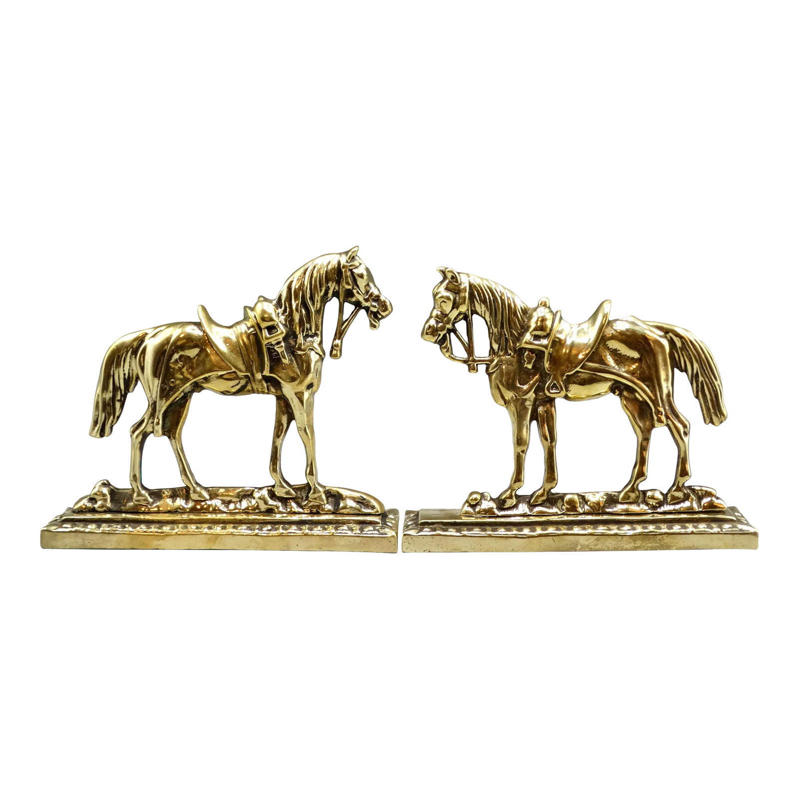 Circa 1890 English Gilt Brass Horses Mantel Decorations: A lovely quality pair of 19th-Century English cast solid bright gilt brass mantel horses circa 1890. These handsome equestrian figurines are large, well cast with superb details and heavy, weighing ov