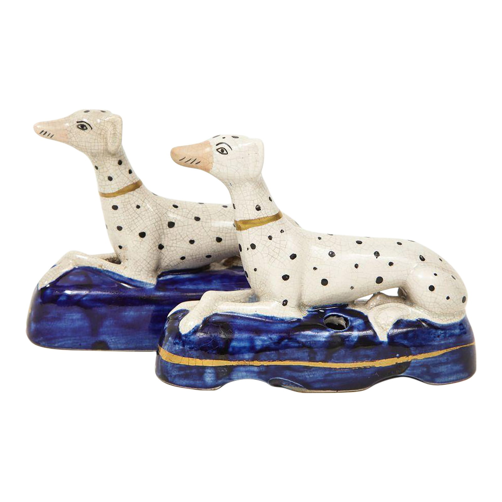 Pair of Staffordshire Seated Dalmatian Inkwells: On cobalt blue bases. Condition: Alterations: Original Condition Unaltered Imperfections: Some Imperfections Condition Notes: Good. Wear consistent with age and use. Origin: United Kingdom Materials