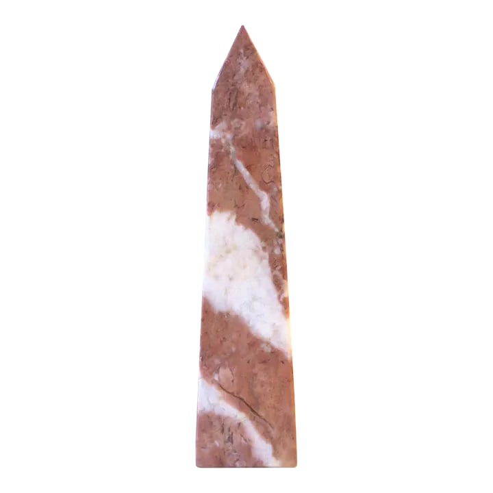 Italian Pink and White Marble Obelisk: A beautiful and substantial pink and white marble Obelisk, in the modern style, circa mid-20th century, Italy. Marble is predominantly pink and white with dark veining. A great decorative object for a