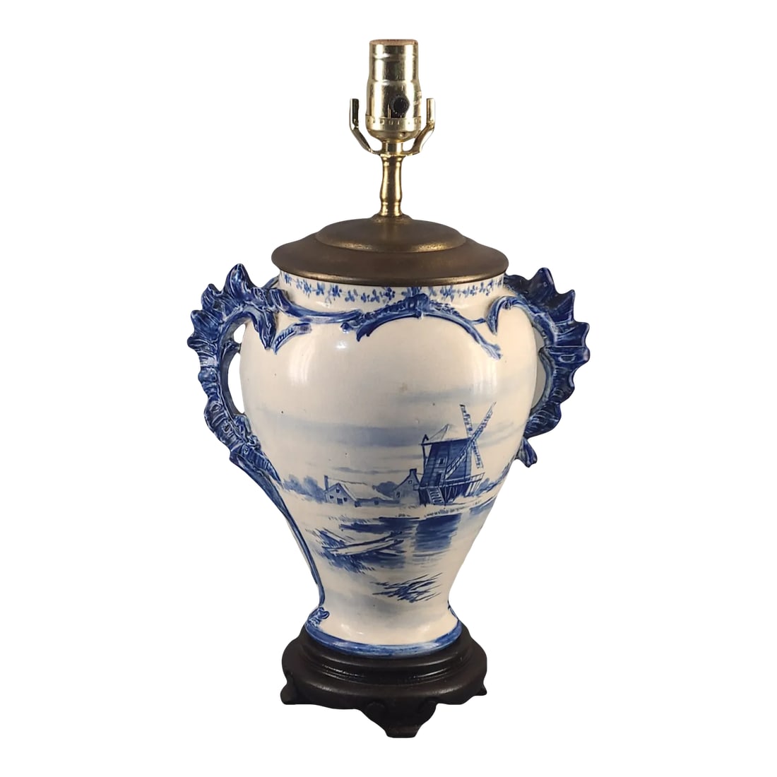 Antique Late 19th Century Royal Bonn Delft Blue White Windmill Table Lamp Signed: We are pleased to be offering this gorgeous antique, hand painted blue and white lamp, in a scenic windmill motif. This beautiful lamp is market on the bottom (Bonn Germany). Good condition, great
