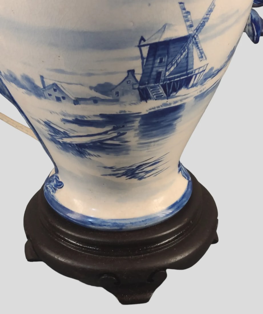 Antique Late 19th Century Royal Bonn Delft Blue White Windmill Table Lamp Signed - 2