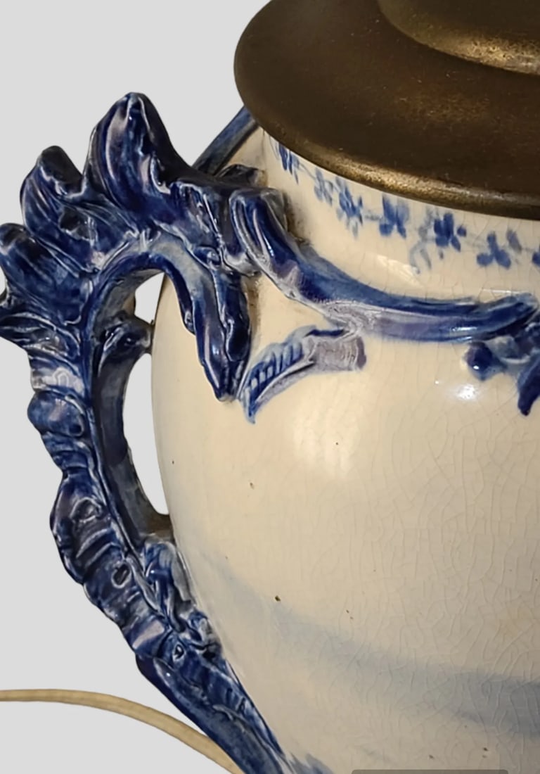 Antique Late 19th Century Royal Bonn Delft Blue White Windmill Table Lamp Signed - 3
