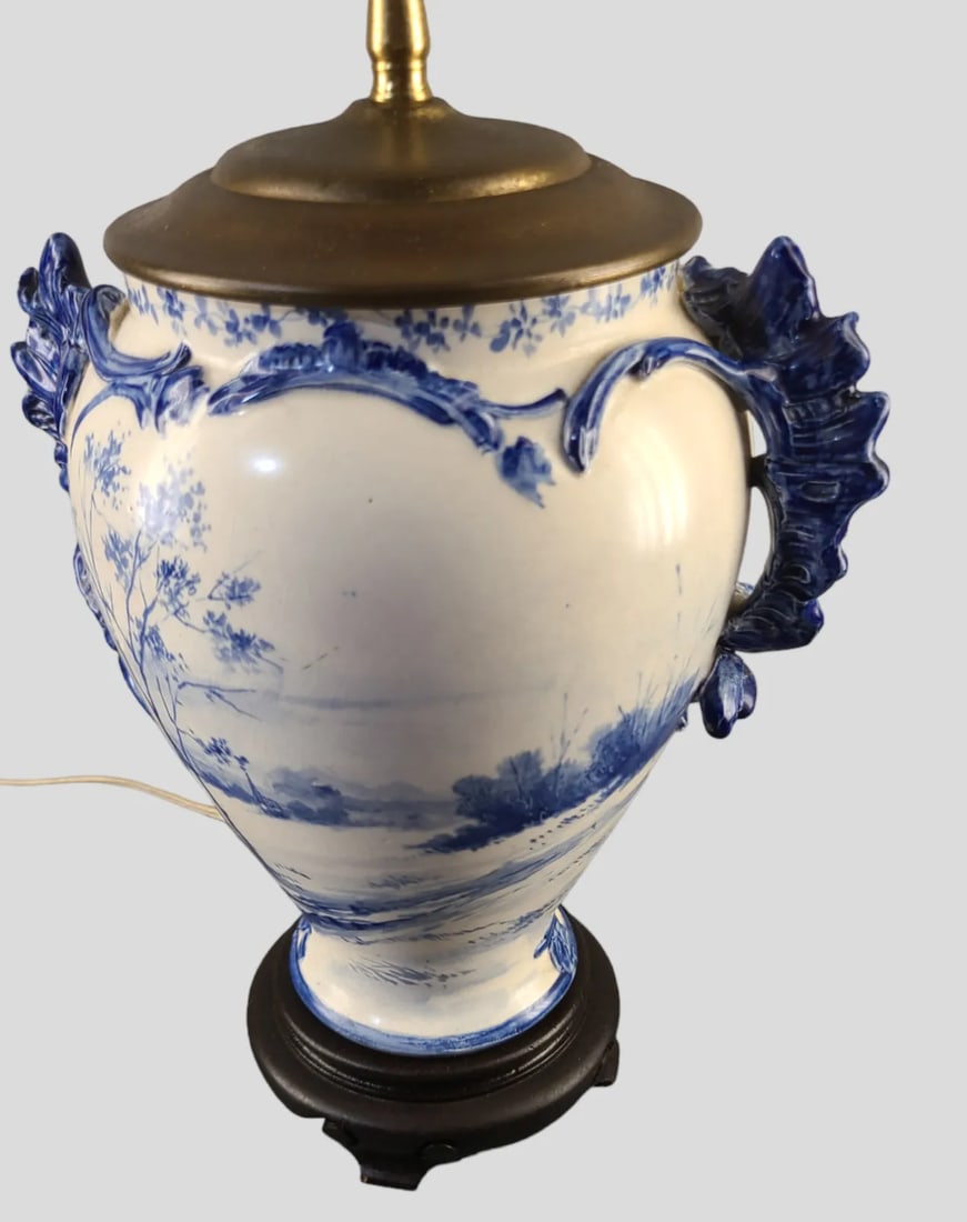 Antique Late 19th Century Royal Bonn Delft Blue White Windmill Table Lamp Signed - 4