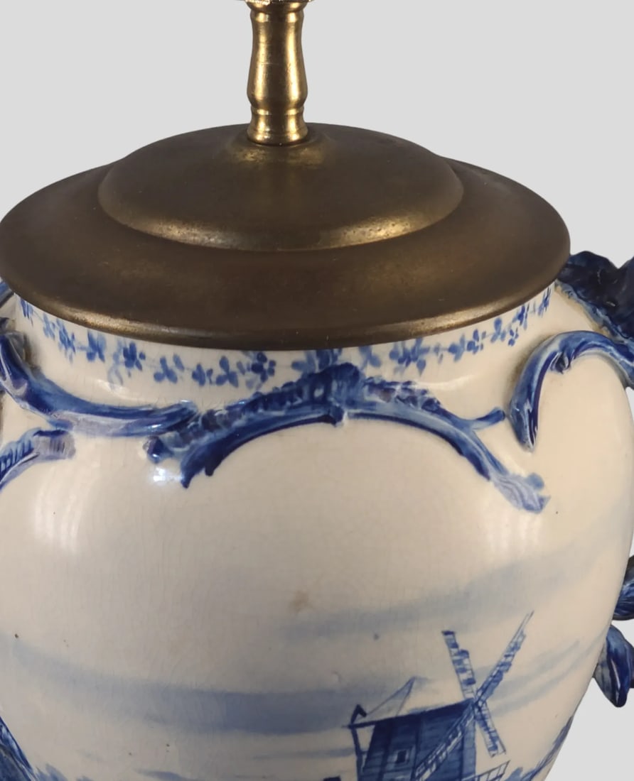 Antique Late 19th Century Royal Bonn Delft Blue White Windmill Table Lamp Signed - 5