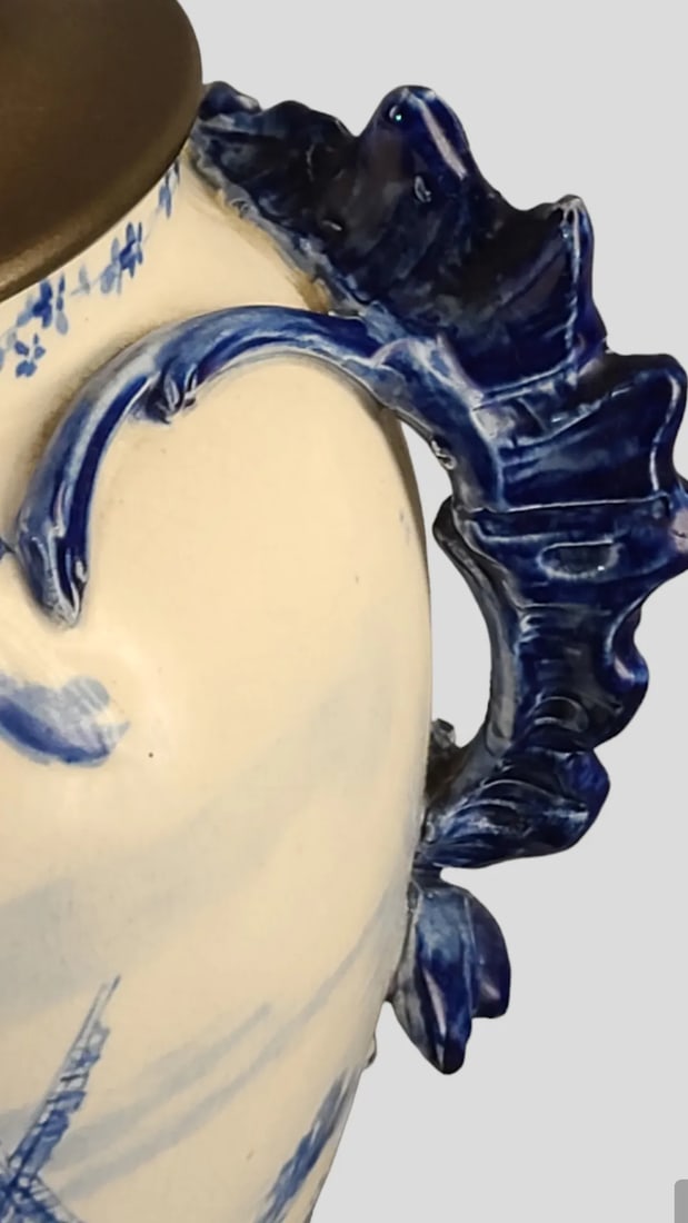 Antique Late 19th Century Royal Bonn Delft Blue White Windmill Table Lamp Signed - 6