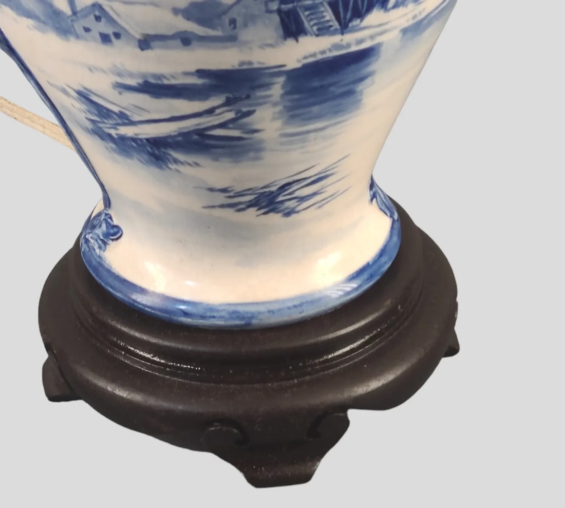 Antique Late 19th Century Royal Bonn Delft Blue White Windmill Table Lamp Signed - 8