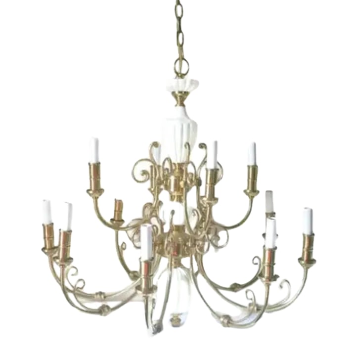 Ceramic Brass Chandelier: Beautiful 12-light chandelier. This is a ceramic and brass chandelier in Hollywood Regency/Rococo style. It features ornate scroll details. It is a two-tier chandelier, with 8 lower lights, and 4 uppe