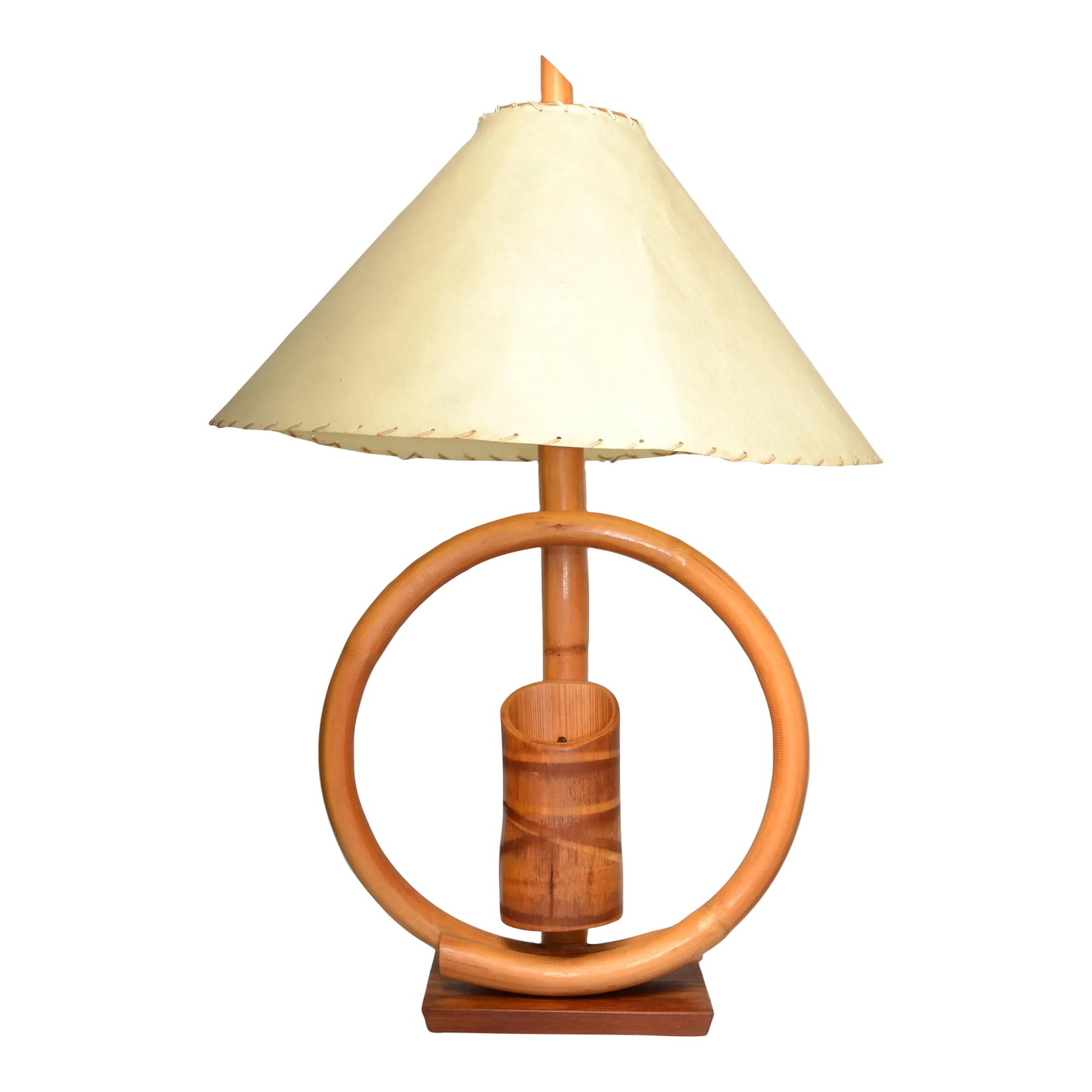 1950s Bohemian Bent Bamboo Table Lamp Original Goatskin Shade: Boho Chic Coastal style bent Bamboo and Caning wrap Table Lamp with original hand-crafted Goatskin Shade. This rare Mid-Century Modern Lamp features one bent circle Bamboo arm with Pencil Holder in th