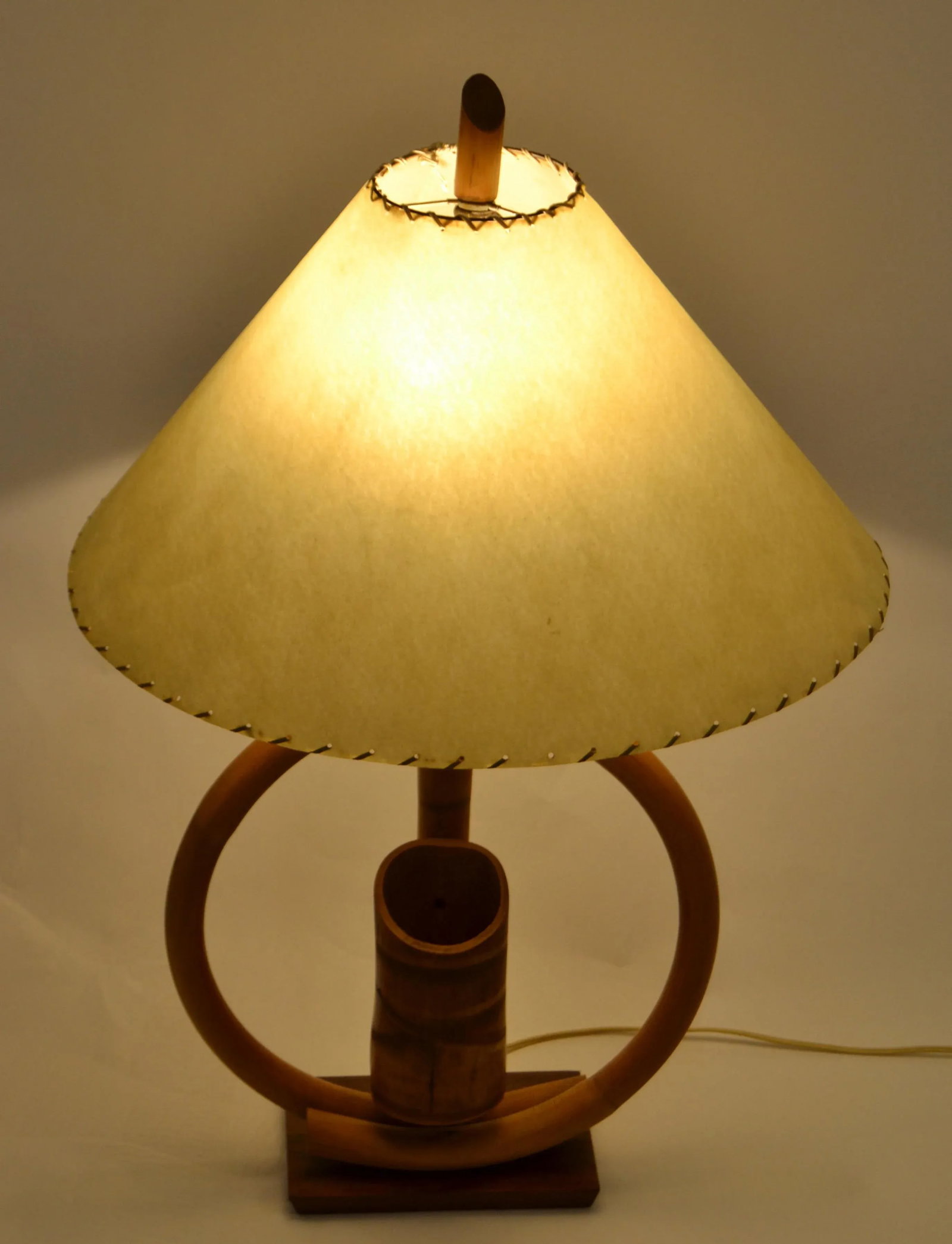 1950s Bohemian Bent Bamboo Table Lamp Original Goatskin Shade - 2