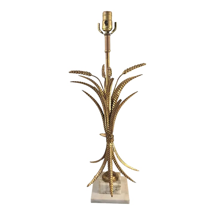 Mid 20th Century Hollywood Regency Italian Tole Wheat Marble Base Table Banquet Lamp: Hollywood regency Italian tole table lamp, Bunch of Wheat form, with marble base, measuring 34.5'' High to harp 27.5'' High to socket 11'' Wide 6'' Base. Good condition, new wiring, please view photos