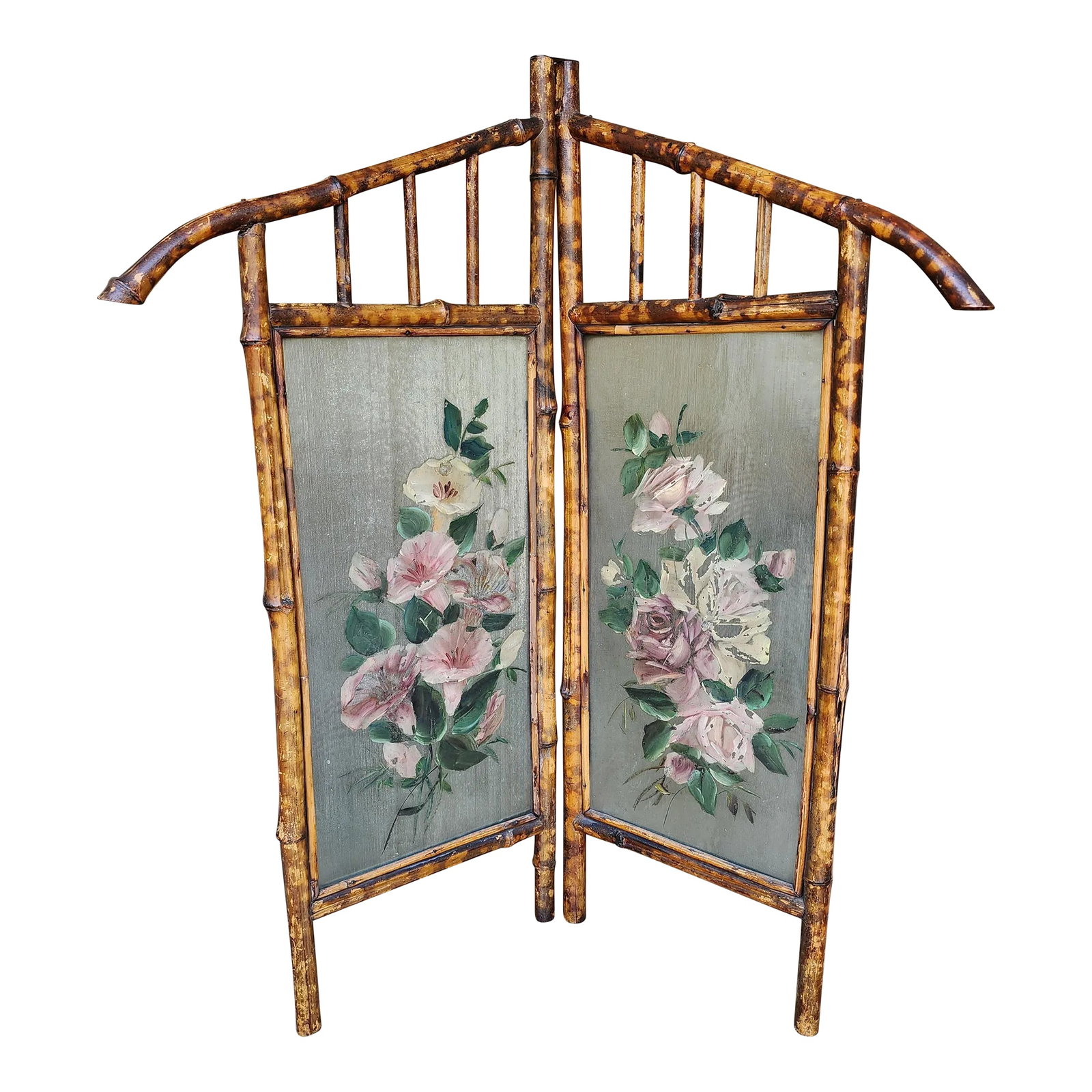 Antique Hand Painted Glass and Bamboo Folding Screen: Antique hand painted burnt bamboo and glass folding screen room divider. Hand painted roses and morning glories in cream and pink with green leaves and stems on fine rib privacy glass. two part bi-fol