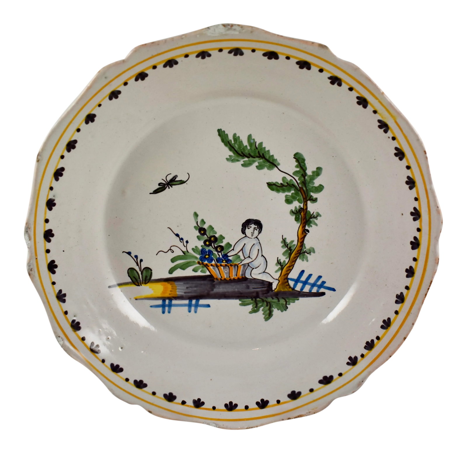 18th C. Nevers French Revolution Tin-Glazed Dish - La Famine Figure: A French Revolution tin-glazed earthenware dish, made in Nevers, circa 1790. Showing a plump figure along side a basket of flowers beneath de l'arbre de la Liberte. The full body of the figure