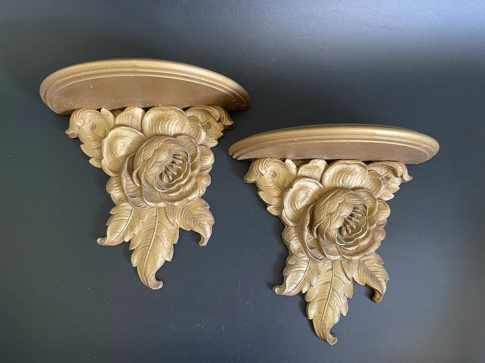 Syroco Wood Floral Gilt Wall Sconce Shelves - a Pair - 2