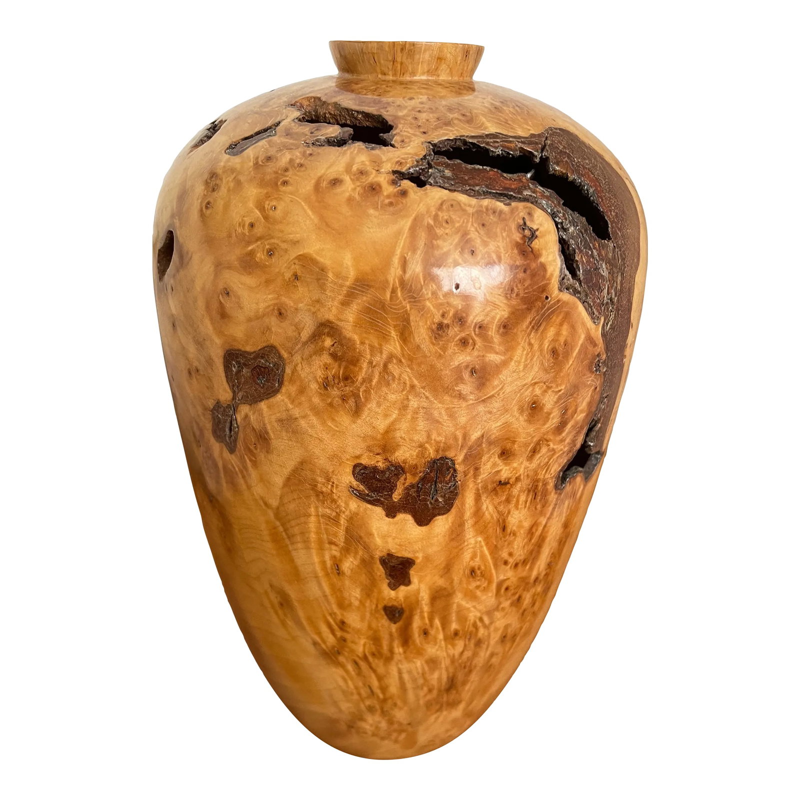 1990s Tall Turned Wooden Vase: This exceptional contemporary piece of wood turner craftsmanship, in excellent condition, displays lovely variegated brown and black markings and naturally occurring voids in the burl. It is a warm