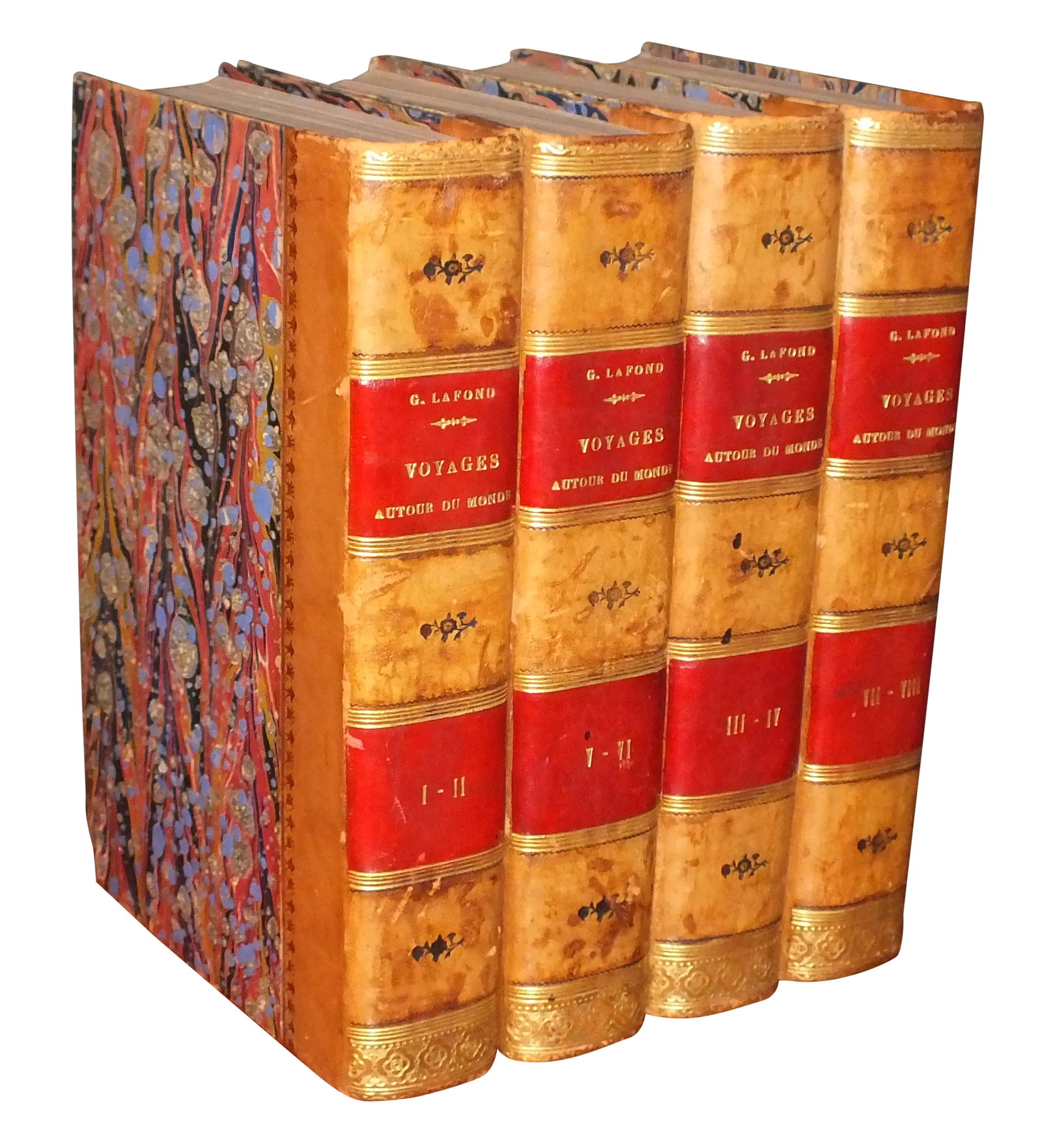 19th C. French Travel Books by Gabriel Lafond: An impressive and handsome set of four books containing eight volumes from the 19th century, "Voyages autour du monde et naufrages celebres" written in French by Gabriel Lafond. Printed Paris, E.