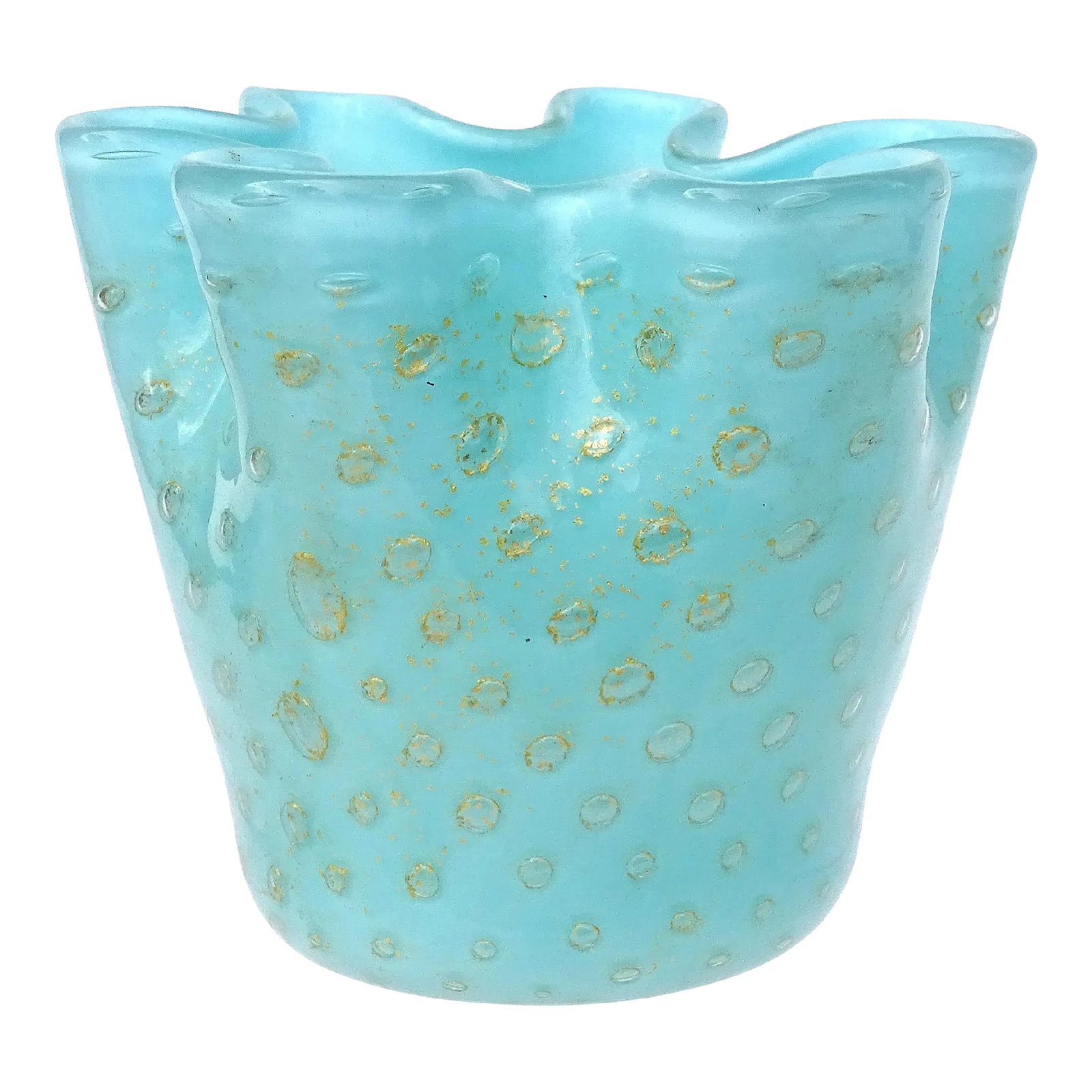 Murano Vintage Light Blue Bubbles Gold Flecks Italian Art Glass Decorative Ruffled Rim Fazzoletto Va: Beautiful vintage Murano hand blown light blue, bubbles and gold flecks Italian art glass fazzoletto vase. Created in the manner of designer Alfredo Barbini. The piece has a crimped ruffle rim with "B