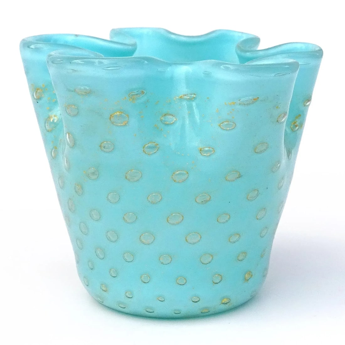 Murano Vintage Light Blue Bubbles Gold Flecks Italian Art Glass Decorative Ruffled Rim Fazzoletto Va - 2