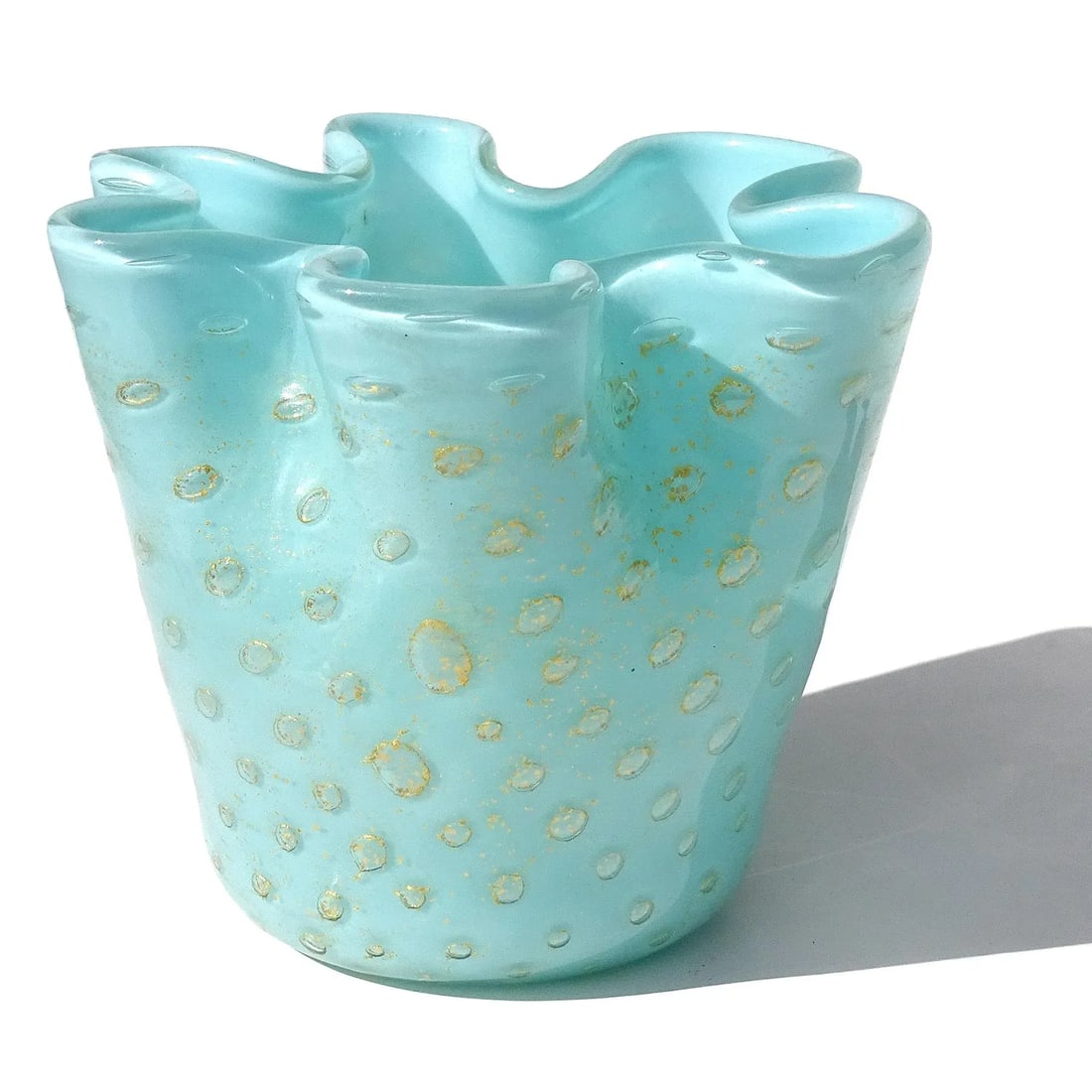 Murano Vintage Light Blue Bubbles Gold Flecks Italian Art Glass Decorative Ruffled Rim Fazzoletto Va - 3