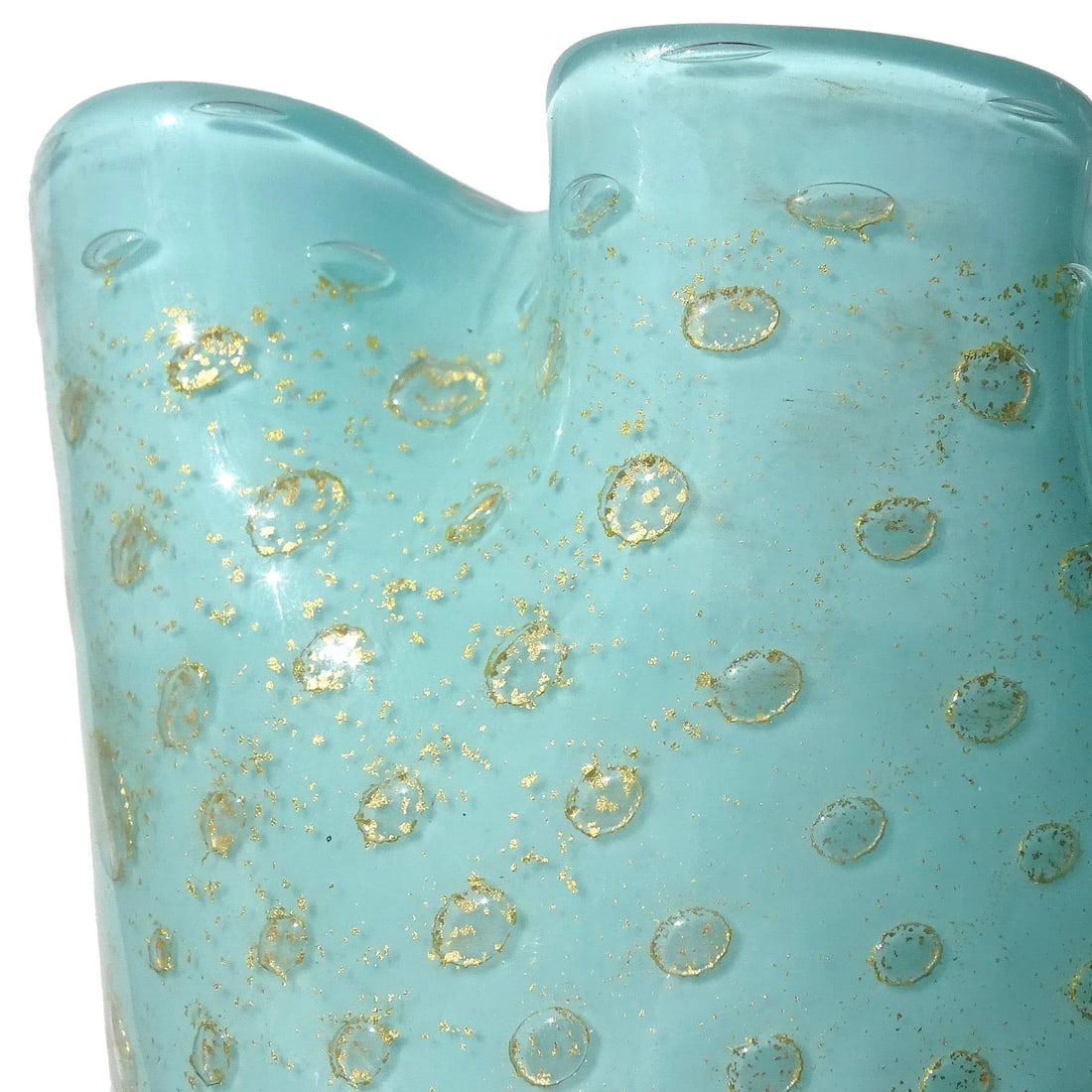 Murano Vintage Light Blue Bubbles Gold Flecks Italian Art Glass Decorative Ruffled Rim Fazzoletto Va - 4