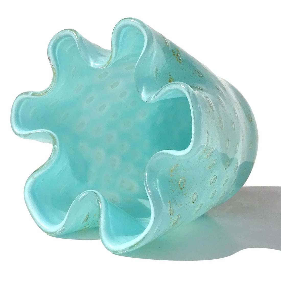 Murano Vintage Light Blue Bubbles Gold Flecks Italian Art Glass Decorative Ruffled Rim Fazzoletto Va - 5