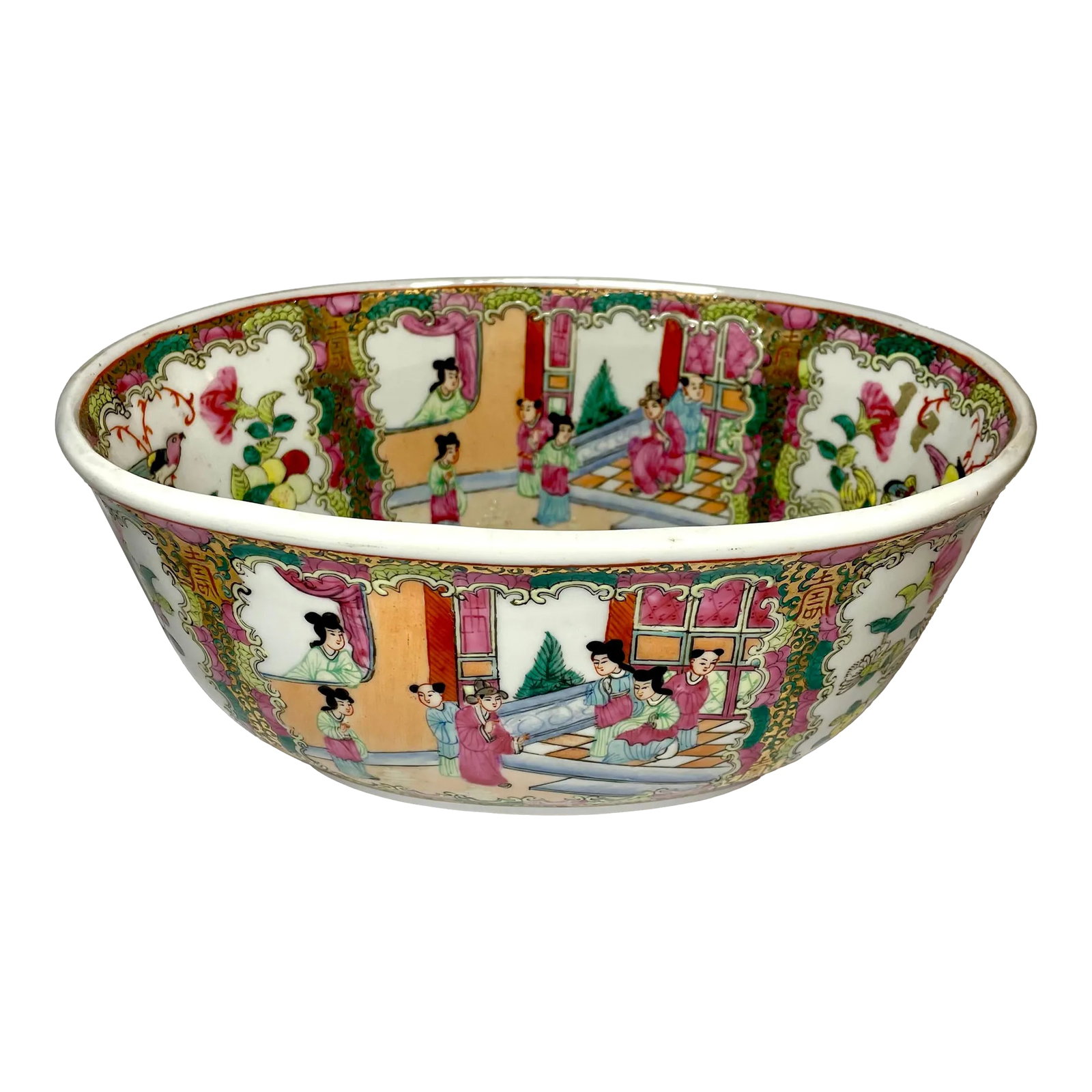 Vintage Oval Famille Rose Cachepot: Produced mid century circa 1940s. Beautiful Famille Rose Cachepot. featuring multi garden scenes. Hand painted. Condition: Alterations: Original Condition Unaltered Imperfections: Some Imperfections