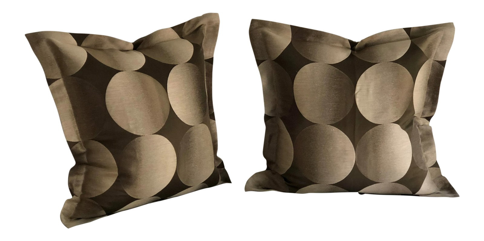 24" Brown and Tan Geometric Jim Thompson Pillows - a Pair: Fabulous pair of 24" Jim Thompson flange edge pillows with geometric eclipse like patterns, and in hues of champagne and chocolate brown. The pillows have a hidden back zipper, a down blend insert,