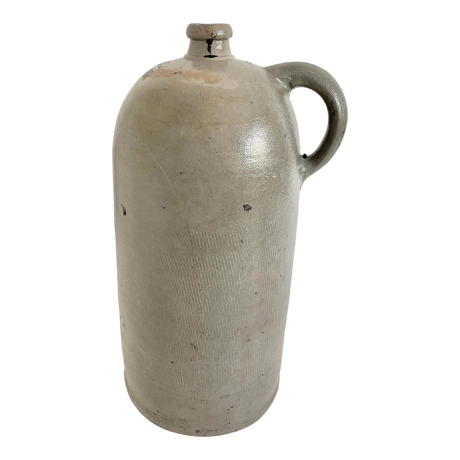 19th C Dutch Stoneware Salt Glazed Vessel: Sourced in the Netherlands, this extra large stoneware salt glazed vessel was used for storing liquids and has the initials of the owner above the handle. A beautiful gray with age and patina, it has