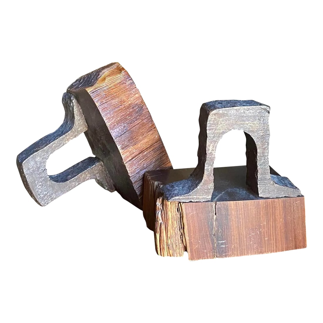 1970s Brutalist Forged Steel Bookends, a Pair (After Don Shoemaker): Chunky, hand-forged steel + wood bookends in the style of Don Shoemaker's studio craft woodwork. The epitome of Boho Chic and Organic Modernism found in this handmade artisan crafted pair of Sculptura