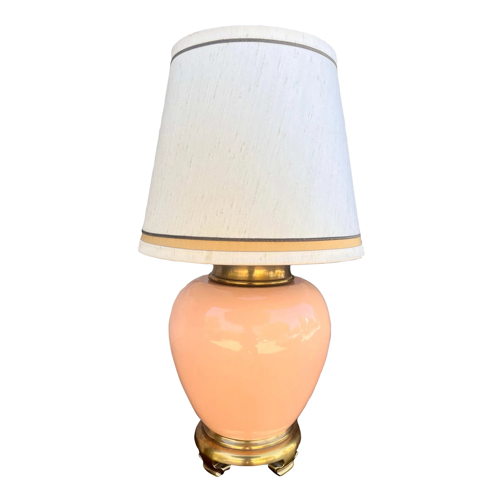 Vintage 1980's Chapman Ceramic and Brass Table Lamp: Fabulous 1980 Chapman peachy pink rounded ceramic with ornate brass bass and top. It's a classic beauty, with a bit of an asian flair. The color is a rich, but pale peachy pink, closer to the first im