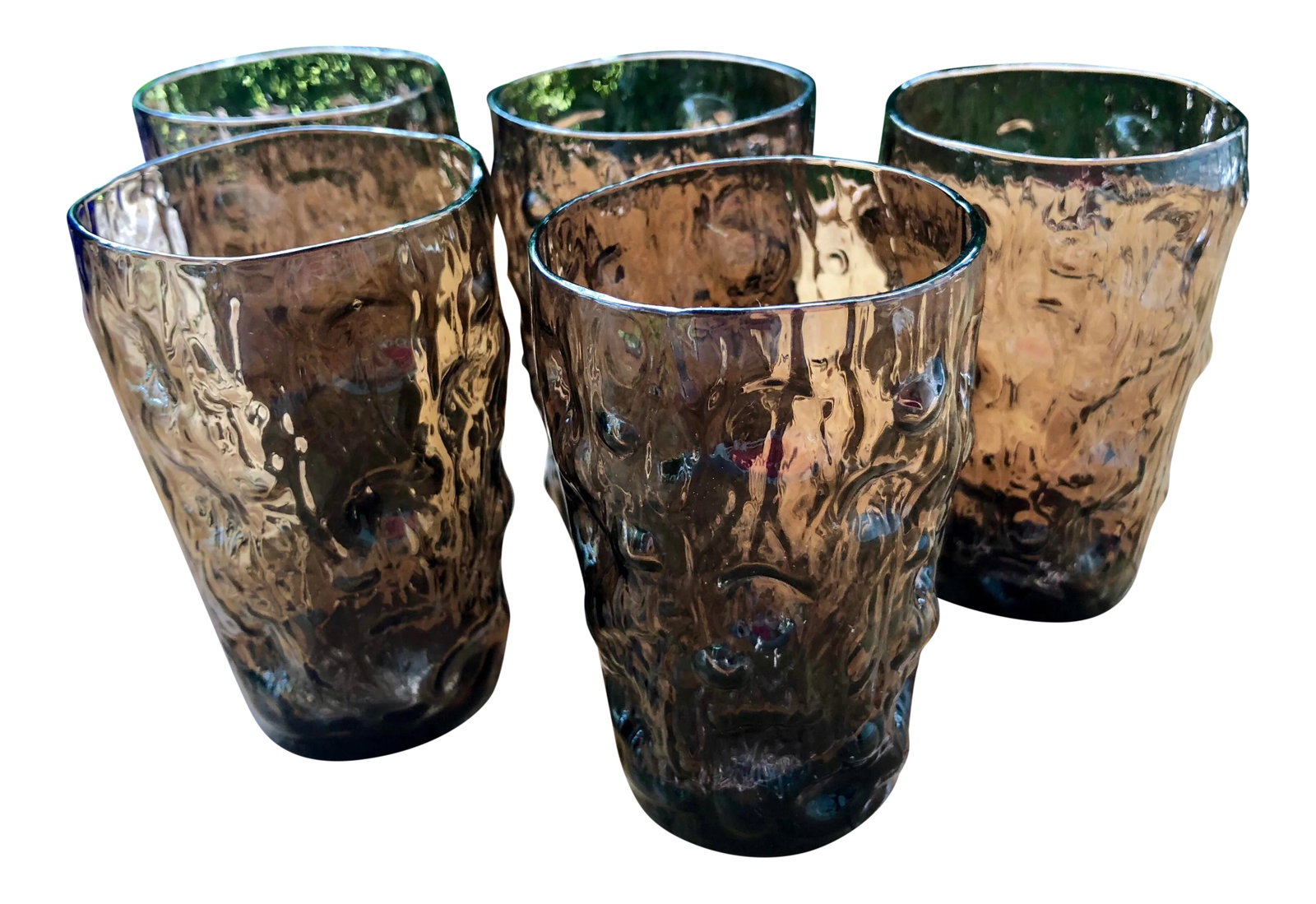 Mid Century Modern Brutalist Smoke Glass Icicle Juice Glasses - Set of 5: Ack! What an epic set of mid-century glassware! These little brutalist juice glasses are very light and thin more like a crystal. The texture is impeccable and giving much personality. They would