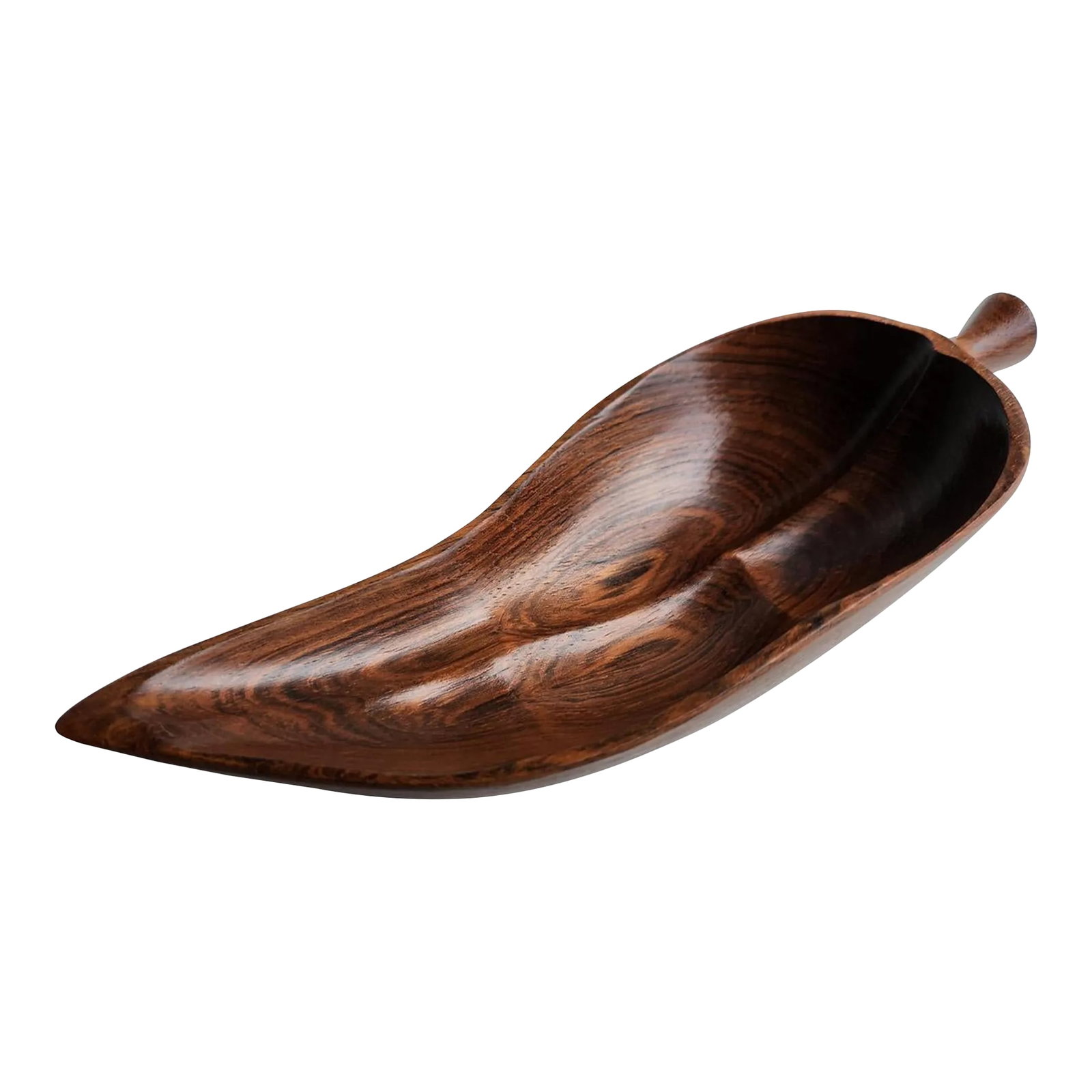 1960s Brazilian Embuia Wood Pepper Shaped Snack Bowl in the Style of Jean Gillon: Offered is a hand carved snack bowl in Embuia wood - sometimes called Brazilian rosewood - in the style of Jean Gillon. The elongated body, sharp points, angled stem, and defined elevated pepper ribs