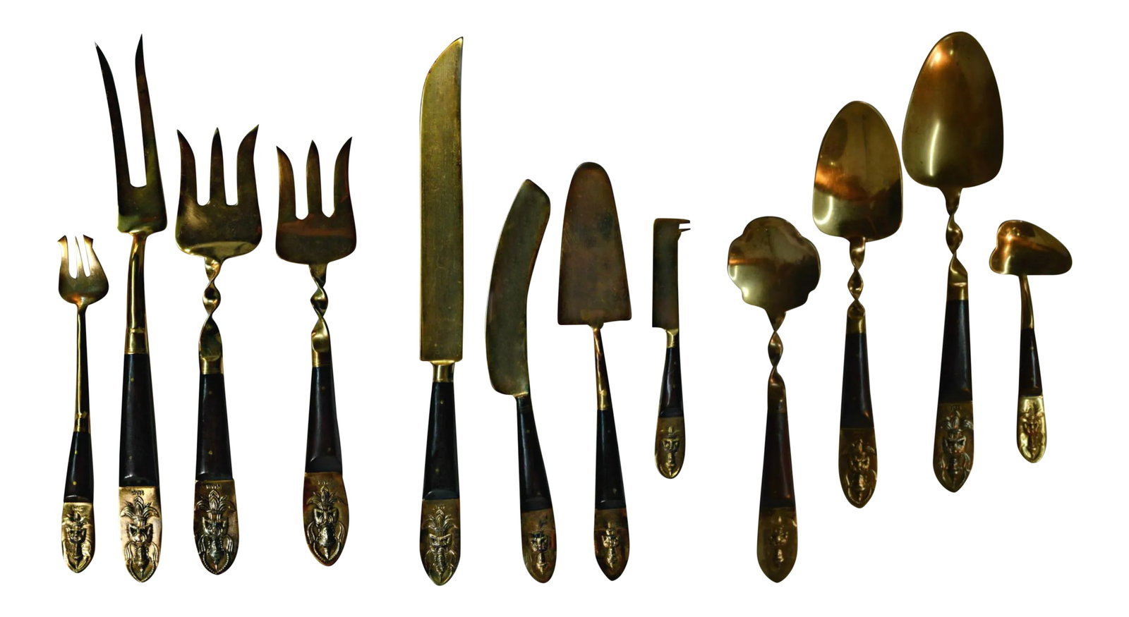 Bronze & Rosewood Serving Flatware - Set of 12: This Set Of Mid-Century Siam Serving Set Features 8 Servers With Brass With Rosewood Handles. All But The Cold Meat Fork Feature Handle Terminals Cast With Seated Goddess Figures. In Excellent