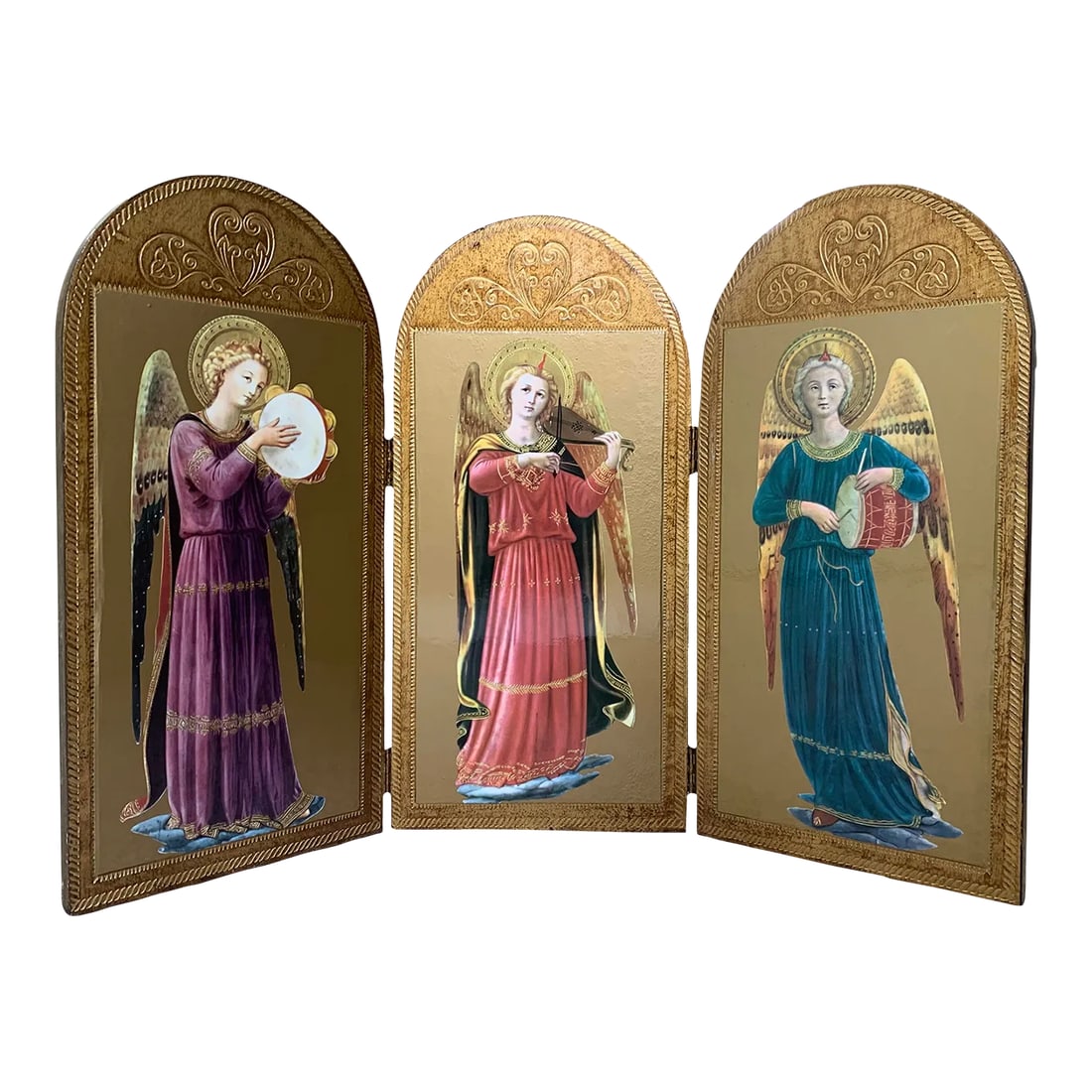 Late 20th Century Vintage 3-Panel Wood Screen of Hand Painted Angels: Vintage 3 panel small table top wood screen of three angels and decorative gold detailing surrounding the angels and backside. Condition: Alterations: Original Condition Unaltered Imperfections: Some