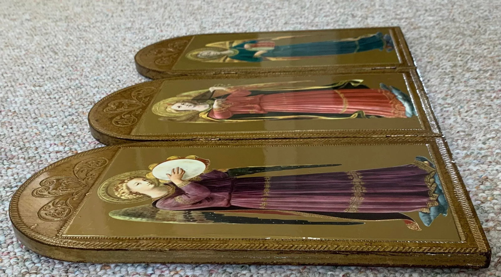 Late 20th Century Vintage 3-Panel Wood Screen of Hand Painted Angels - 3