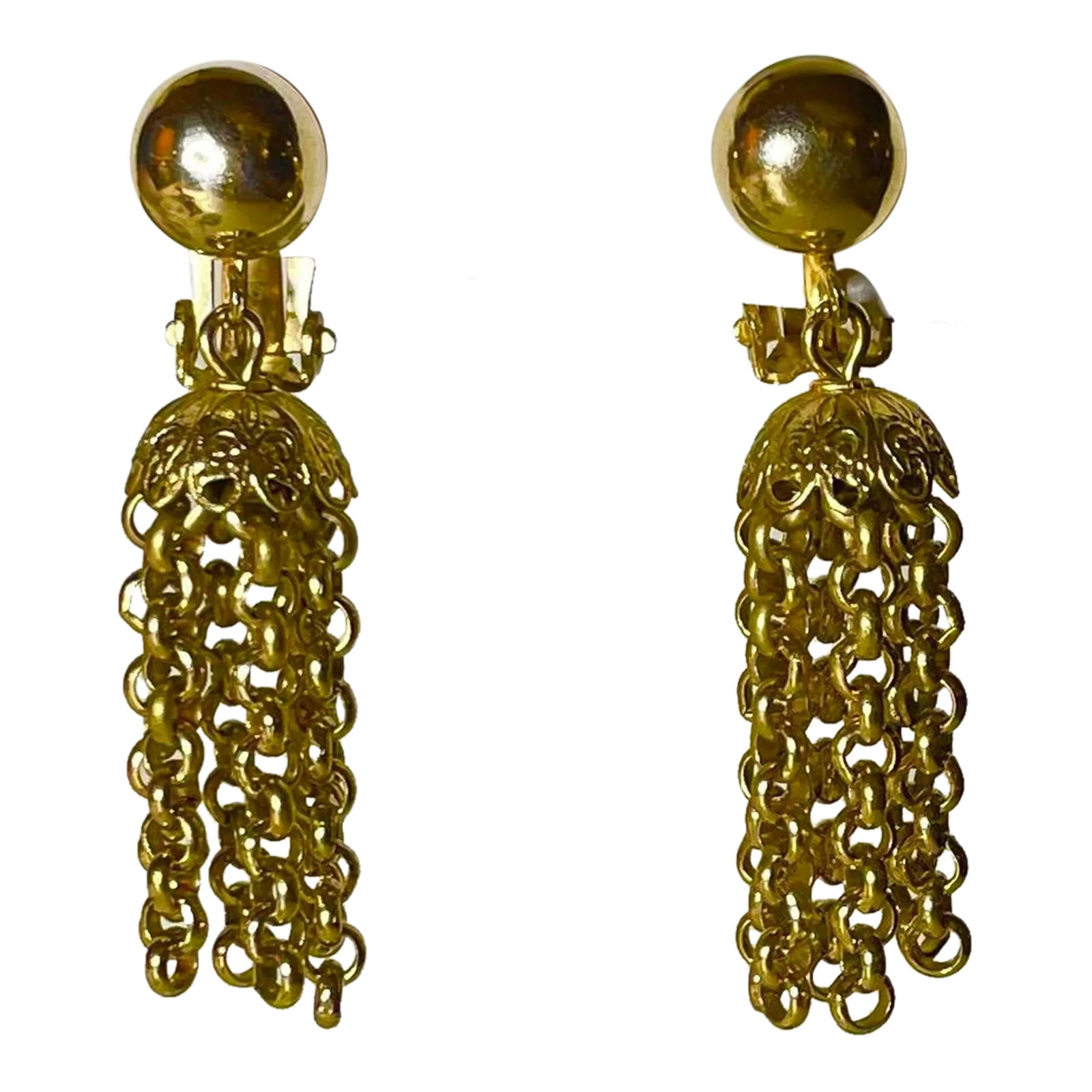 1940s Gold Tassel Clip-On Earrings - 2 Pieces: This is part of Chairish's Costume Jewelry assortment. Gold Tassel Earrings w 1940s rivet construction and clip-ons. Condition: Alterations: Original Condition Unaltered Imperfections: Some Imperfecti