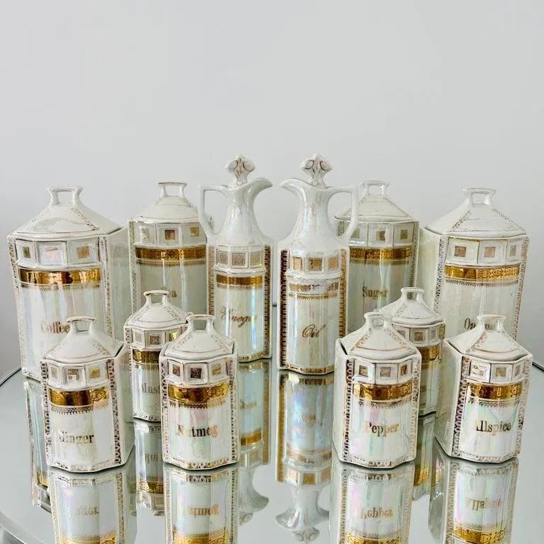 Antique Porcelain Canister Storage Jars and Spice Set / 13, Germany C. 1900 - 2