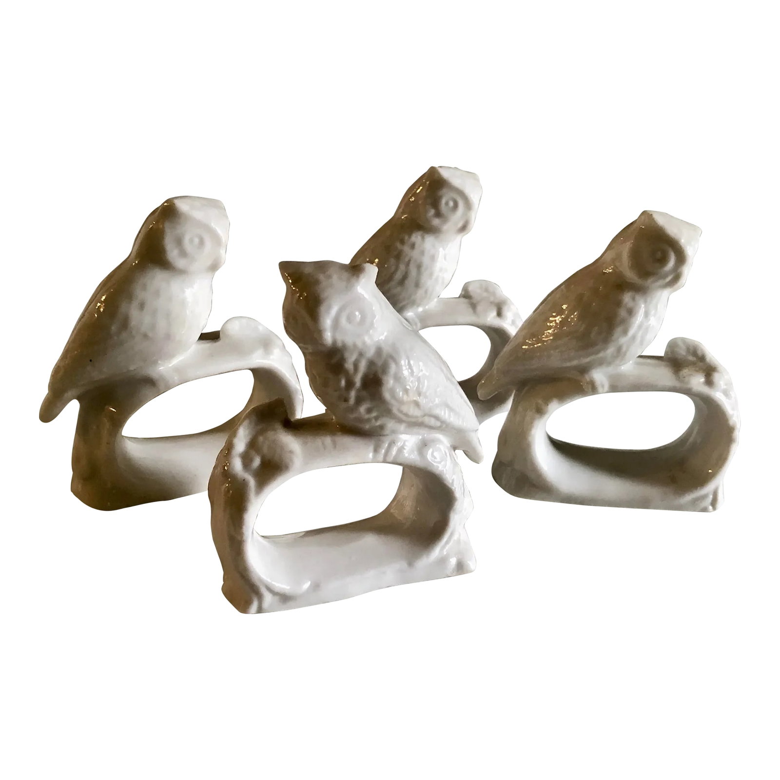 Vintage Owl Ceramic Bone China Napkin Rings--Set of 4: Set of four vintage owl bone china napkin rights. Each ring measures 3" tall by 2.5" wide. Condition: Alterations: Original Condition Unaltered Imperfections: Some Imperfections Condition Notes: Excel