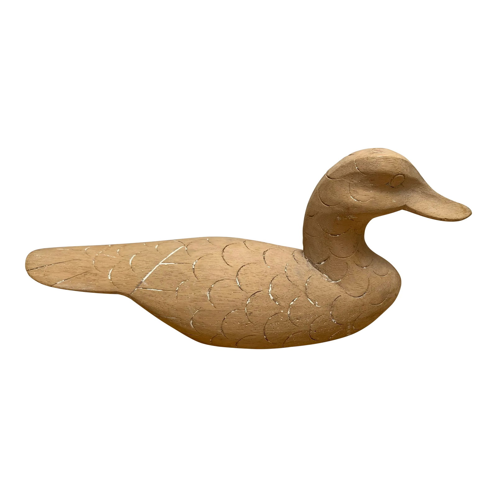Vintage Americana Natural Wood Carved Decor Duck: Vintage natural wood carved duck with textured design and markings. Great as a door stop or shelf accent. Condition: Alterations: Original Condition Unaltered Imperfections: Some Imperfections Conditi