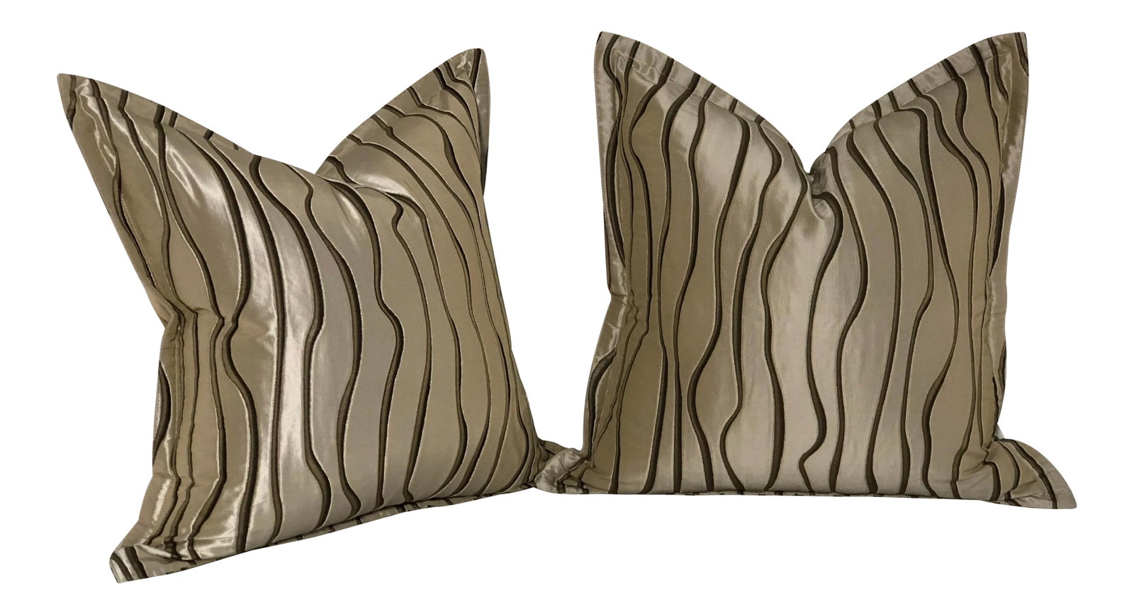 20" Square Jim Thompson Pillows - a Pair: Fabulous pair of flange edge Jim Thompson pillows in a shimmery champagne fabric with abstract chocolate vertical lines. The pillows have a concealed zipper, a down insert, and an interior Jim