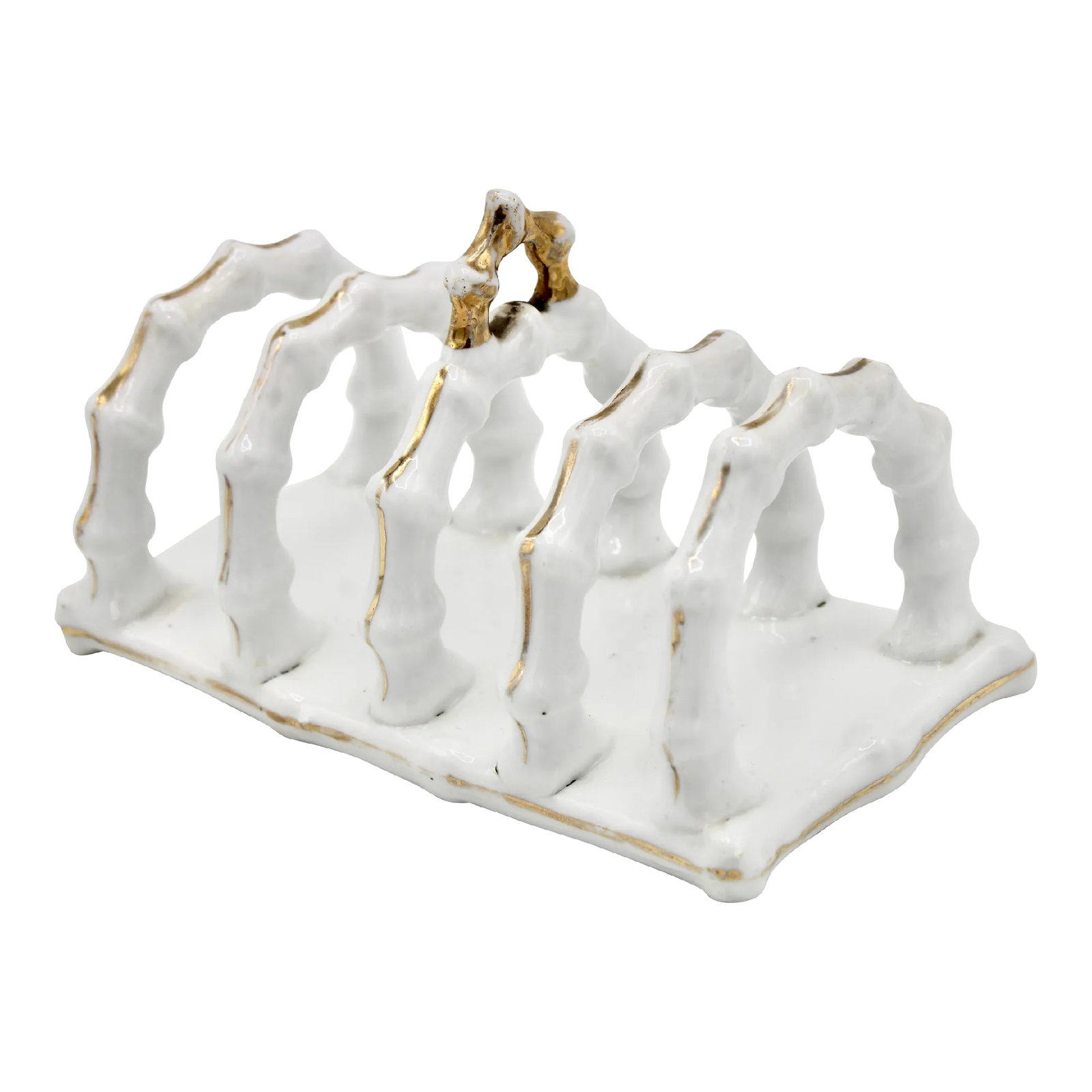 Antique French Limoges Ceramic Toast Rack / Letter Holder: An absolutely stunning French Limoges ceramic toast rack in a brilliant shade of white with golden gilt accents. This is such a unique letter rack, originally used to hold toast. Each rung of this