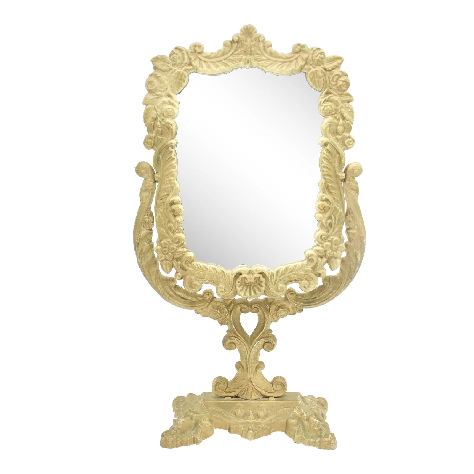 Antique Art Nouveau Golden Gilt Cast Iron Dresser Mirror: A stunning Art Nouveau dresser mirror composed of gold gilded cast iron, circa 1920s. Floral, shell, and scroll motifs decorate this lovely Art Nouveau piece. It is very sturdy, and carries a nice