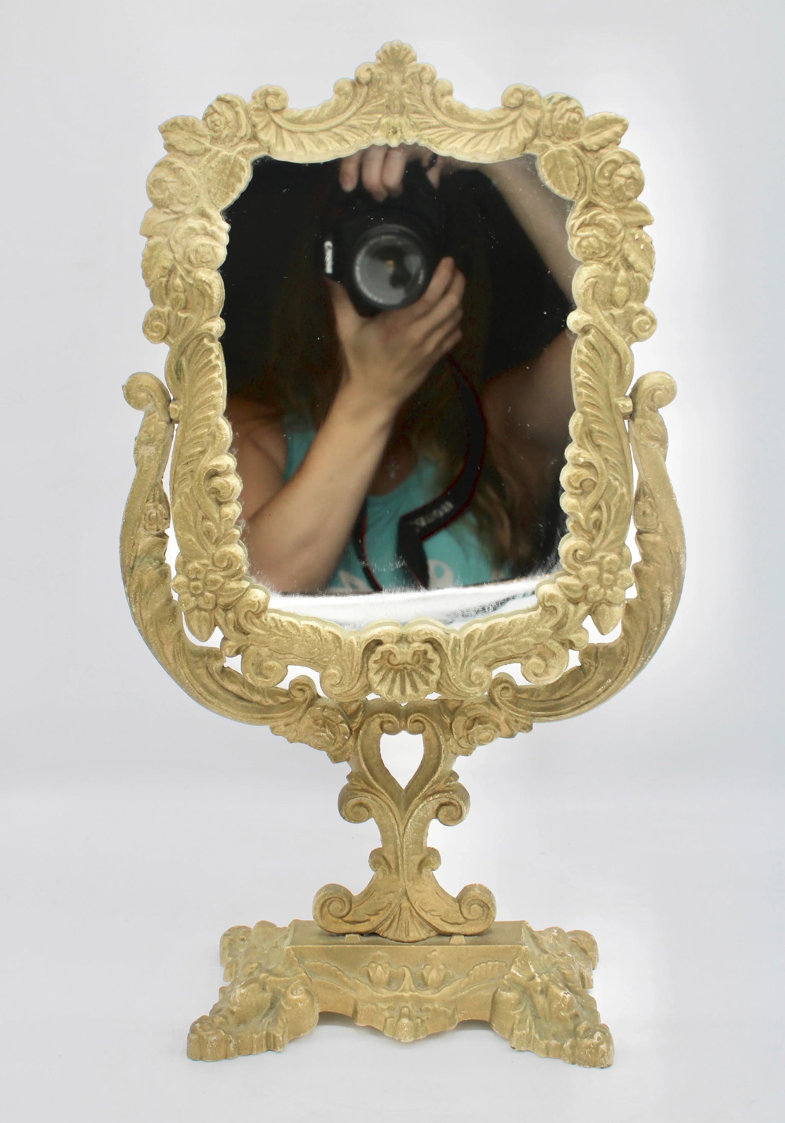 Antique Art Nouveau Golden Gilt Cast Iron Dresser Mirror - 2